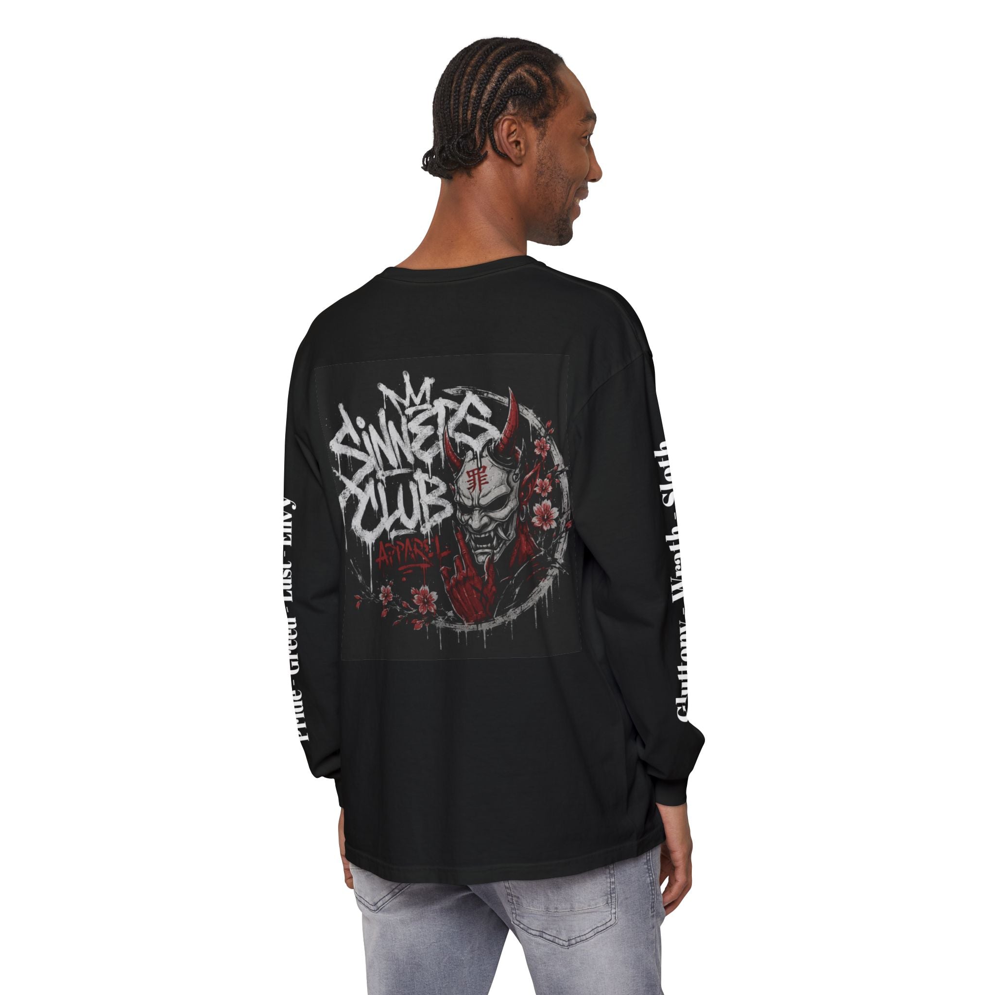 Sinners Club Graphic Long Sleeve Tee — Gothic Demonic Skull Streetwear