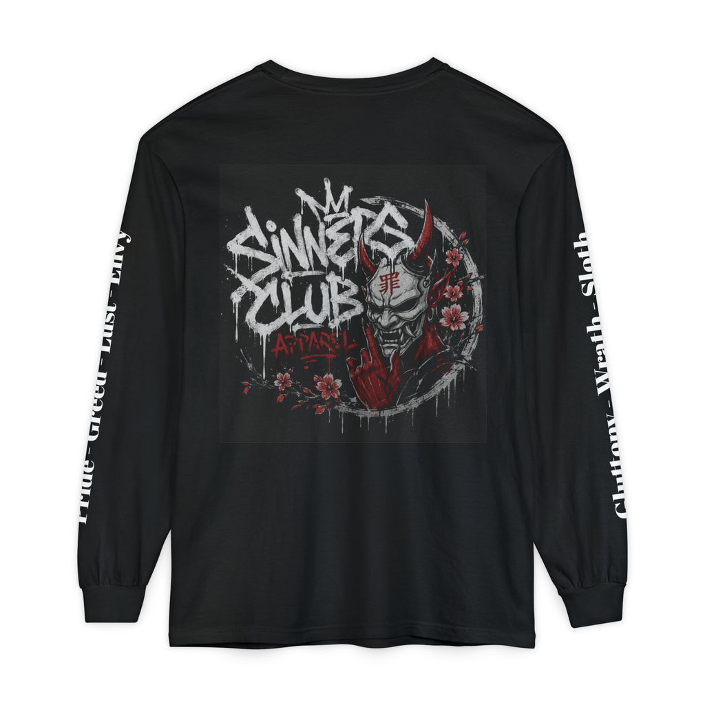 Sinners Club Graphic Long Sleeve Tee — Gothic Demonic Skull Streetwear