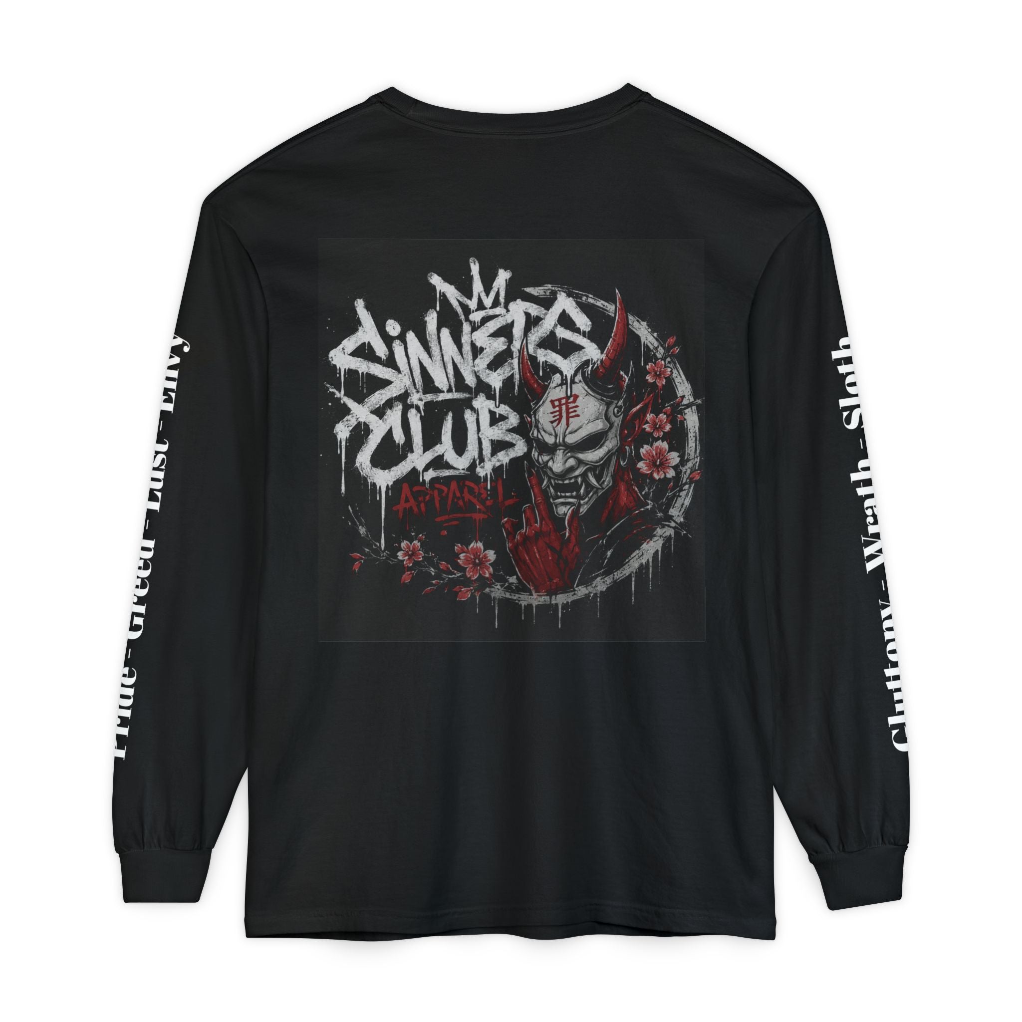 Sinners Club Graphic Long Sleeve Tee — Gothic Demonic Skull Streetwear